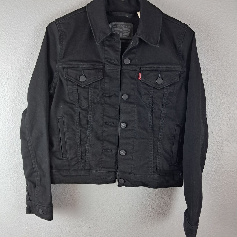 Levis Women Original Trucker Denim Jacket  Black Snap Button Front Classic XS